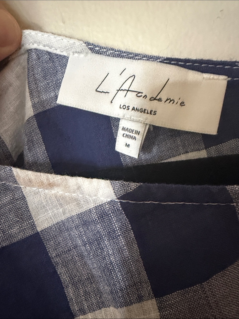 L'Academie Navy and White Gingham One-Shoulder Tie-Waist Top - Picture 3 of 4